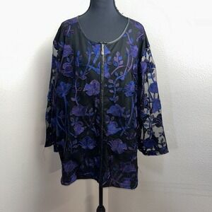 Adiva Lace Top Women's 3X Floral Faux leather Trim Romantic Feminine Cottagecore